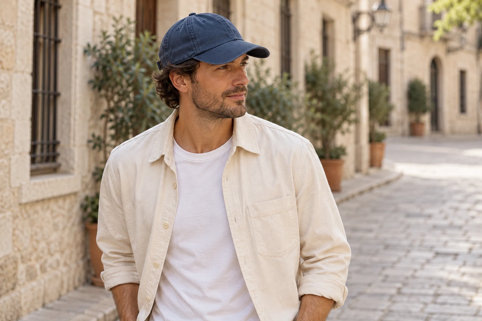 Navy cotton cap worn outdoors